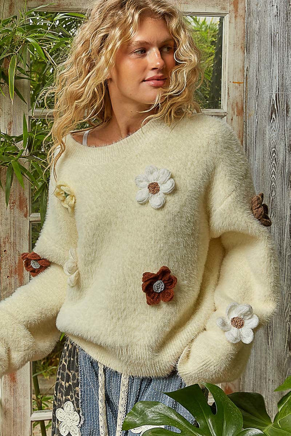POL Clothing Roomy Fit Fuzzy Mohair Sweater with 3D Flower Patches