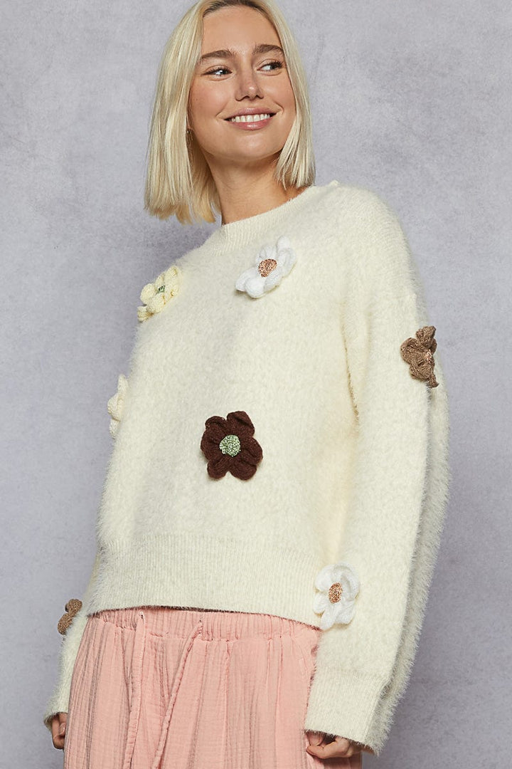 POL Clothing Roomy Fit Fuzzy Mohair Sweater with 3D Flower Patches