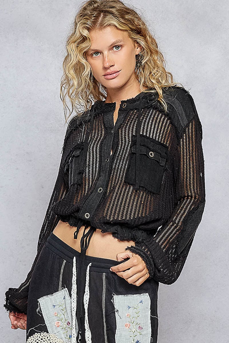 POL Clothing See Through Button Down Hoodie Top