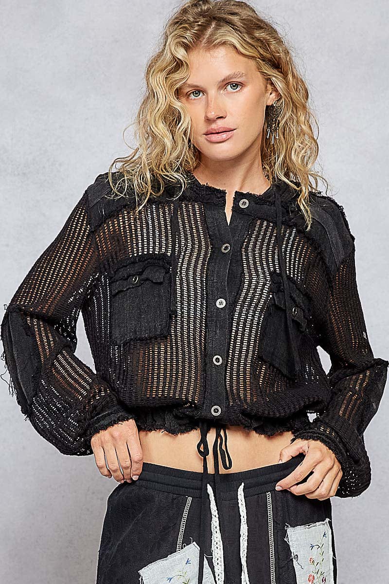 POL Clothing See Through Button Down Hoodie Top