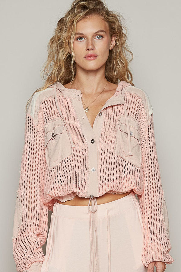 POL Clothing See Through Button Down Hoodie Top