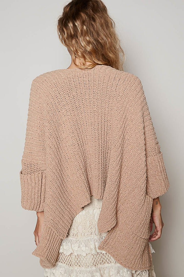 POL Clothing Slouchy Fit Rolled Sleeves Ribbed Knit Open Cardigan