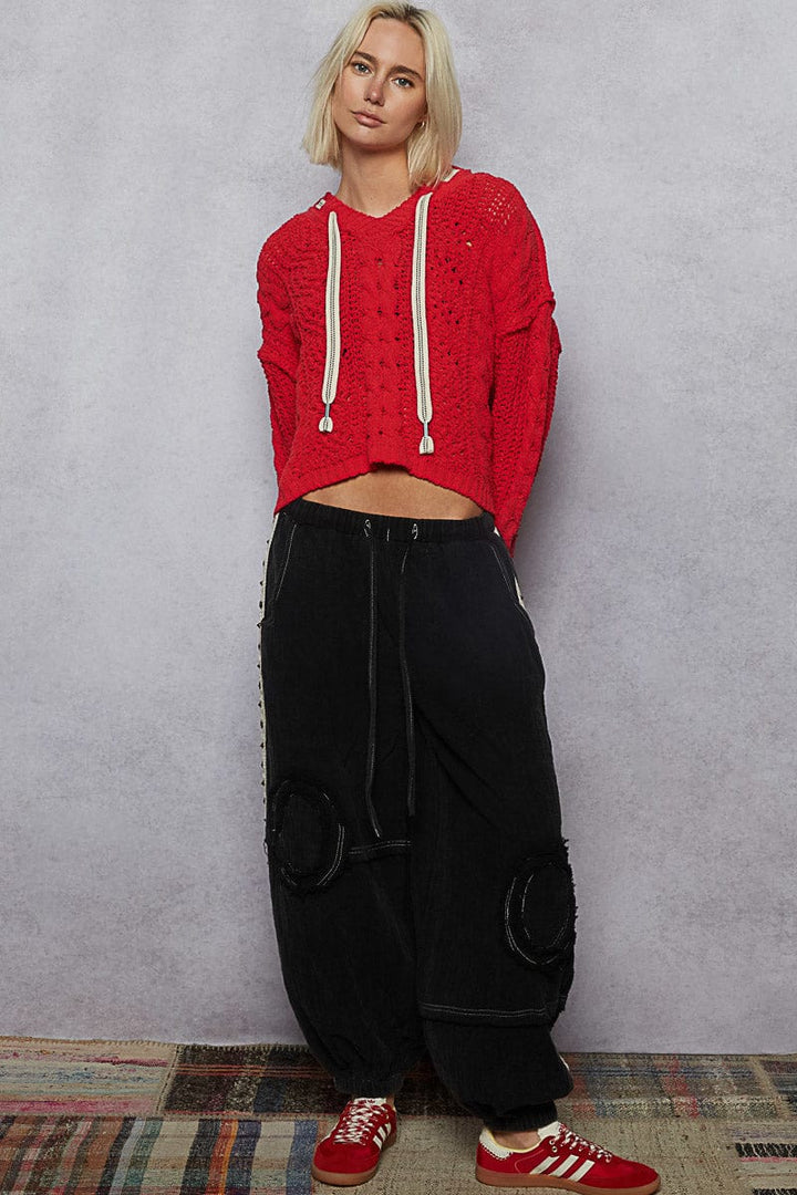 POL Clothing V-Neck Chenille Knit Sweater Hoodie with Drawstring Ribbon