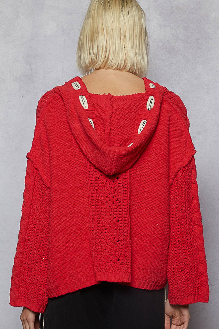 POL Clothing V-Neck Chenille Knit Sweater Hoodie with Drawstring Ribbon