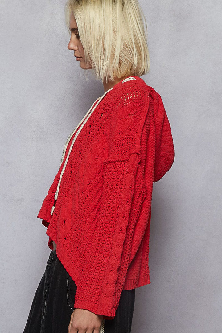 POL Clothing V-Neck Chenille Knit Sweater Hoodie with Drawstring Ribbon