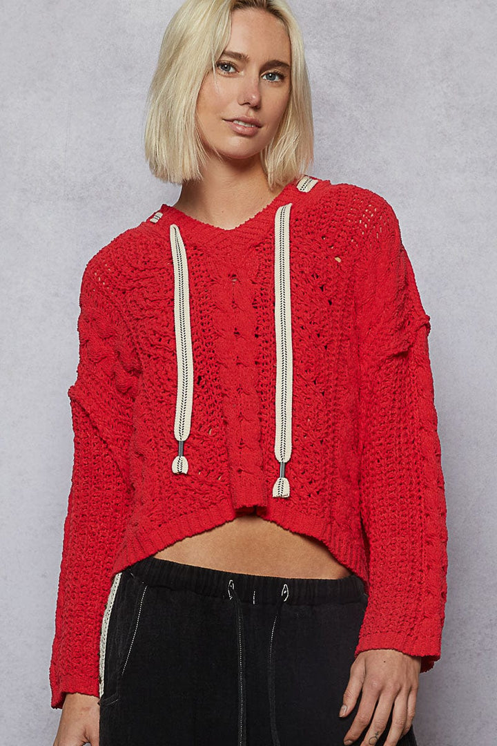 POL Clothing V-Neck Chenille Knit Sweater Hoodie with Drawstring Ribbon