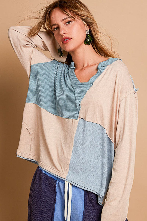 POL Color Block Notched Neckline Casual Knit Top