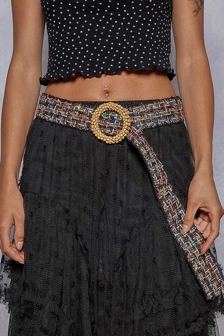 POL Colorful Tweed Mix Fabric Belt with Large Bead Wrapped Belt Buckle
