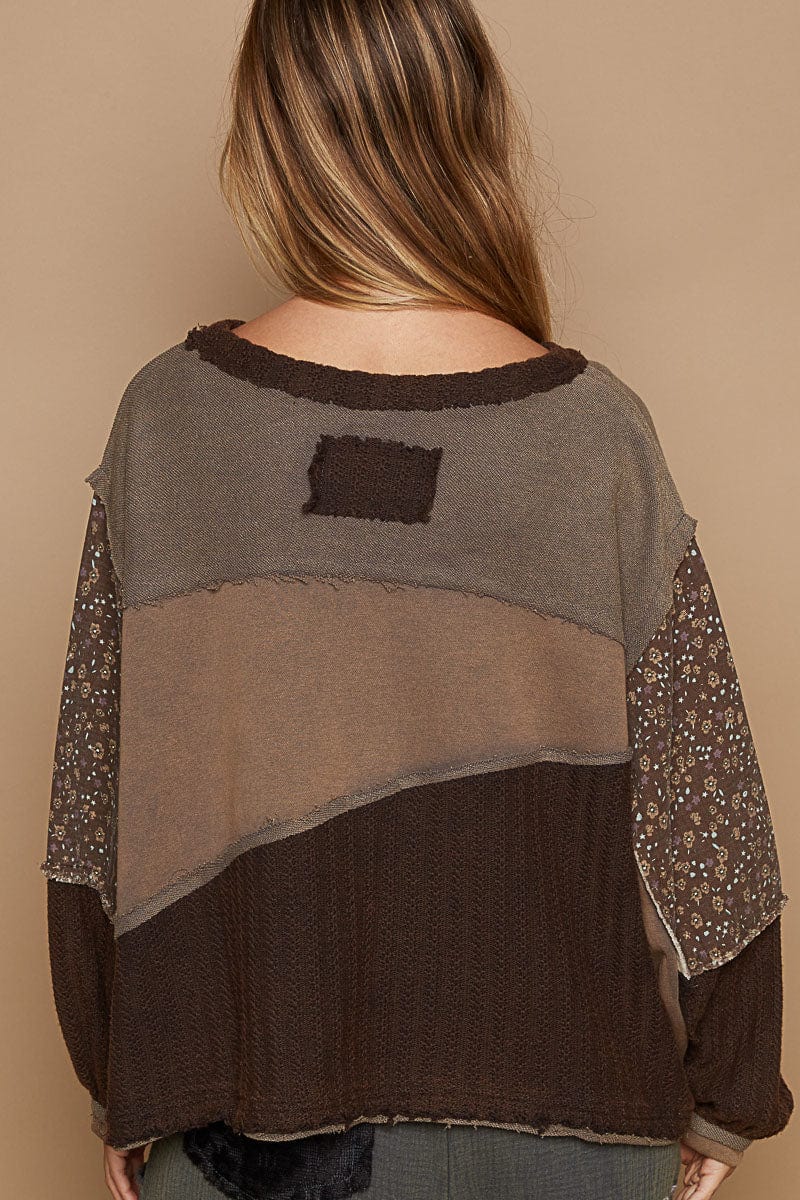 POL Cut and Sew Peace Emblem Long Sleeve French Terry Top