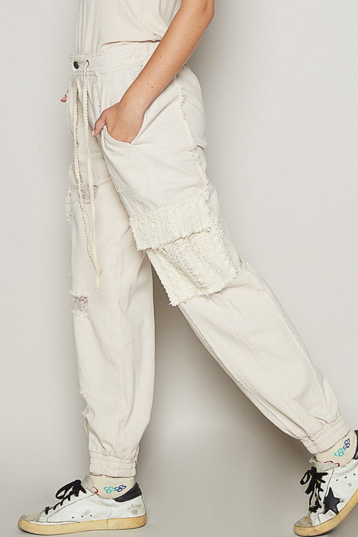 POL Denim Jogger Style Pants with Lace Pockets and Distressed Detailing