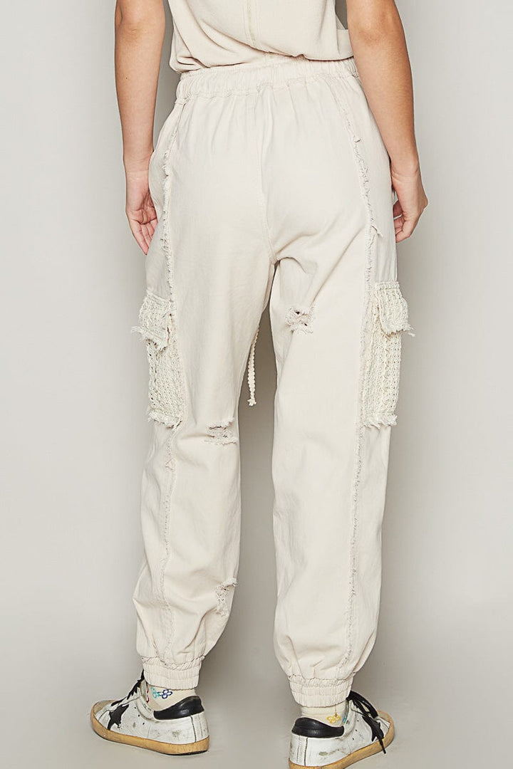 POL Denim Jogger Style Pants with Lace Pockets and Distressed Detailing