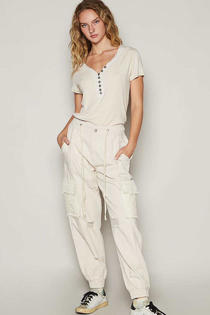 POL Denim Jogger Style Pants with Lace Pockets and Distressed Detailing