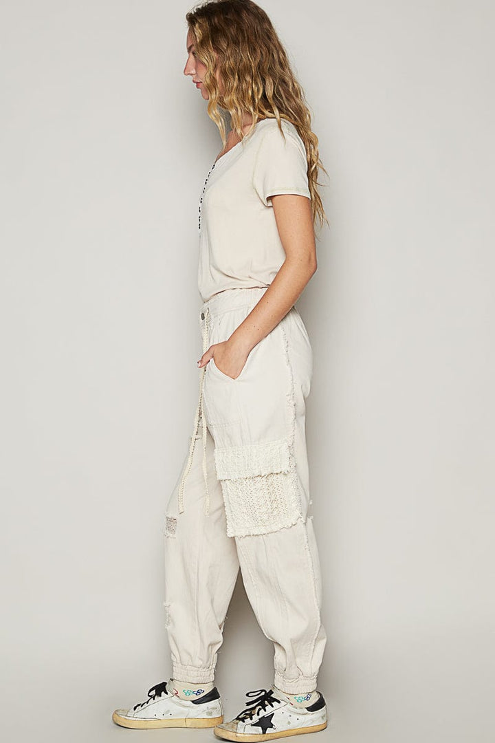 POL Denim Jogger Style Pants with Lace Pockets and Distressed Detailing