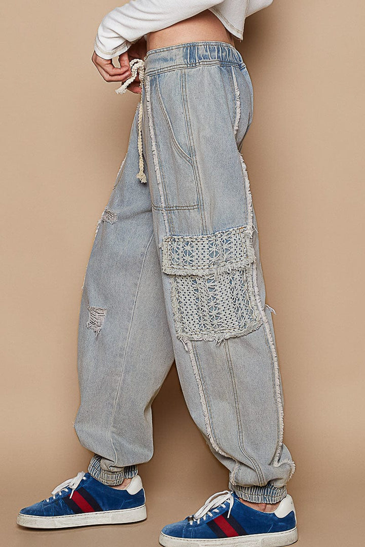 POL Denim Jogger Style Pants with Lace Pockets and Distressed Detailing