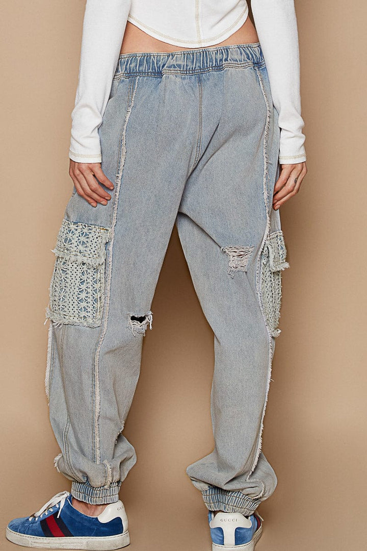 POL Denim Jogger Style Pants with Lace Pockets and Distressed Detailing