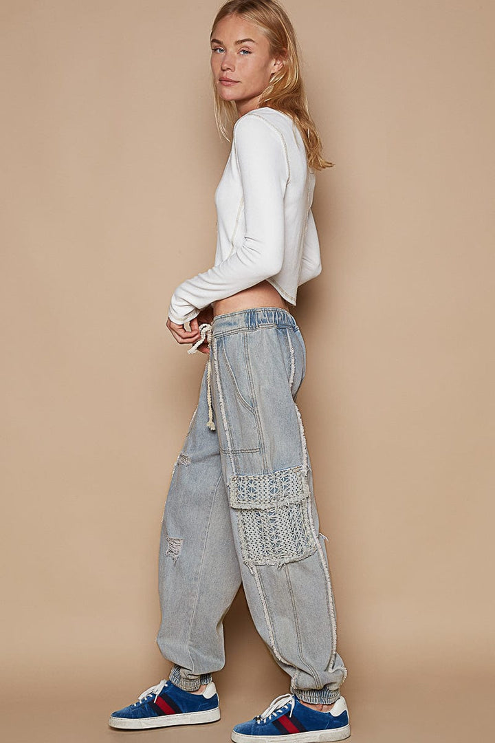 POL Denim Jogger Style Pants with Lace Pockets and Distressed Detailing