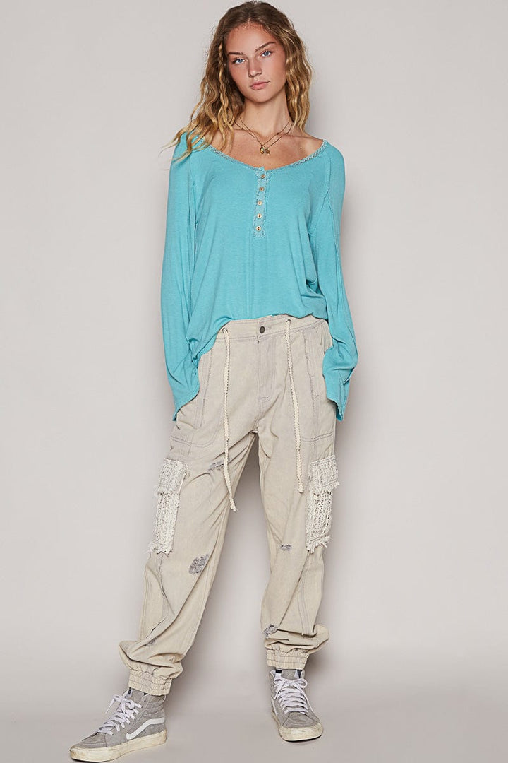 POL Denim Jogger Style Pants with Lace Pockets and Distressed Detailing