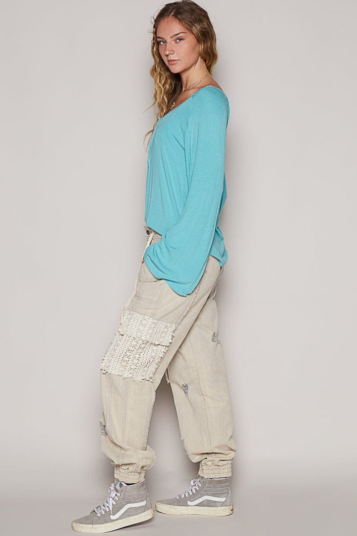 POL Denim Jogger Style Pants with Lace Pockets and Distressed Detailing