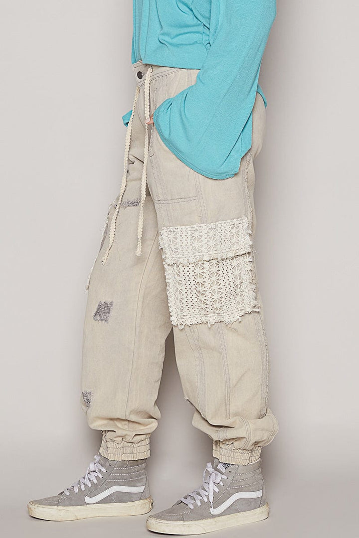 POL Denim Jogger Style Pants with Lace Pockets and Distressed Detailing