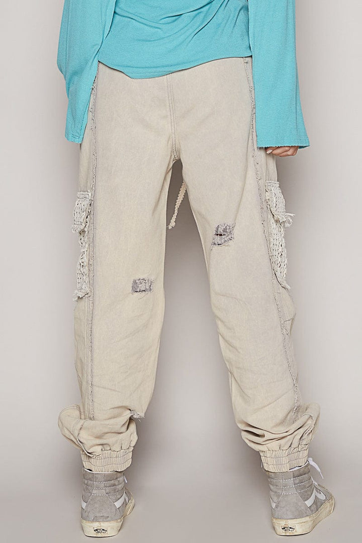 POL Denim Jogger Style Pants with Lace Pockets and Distressed Detailing