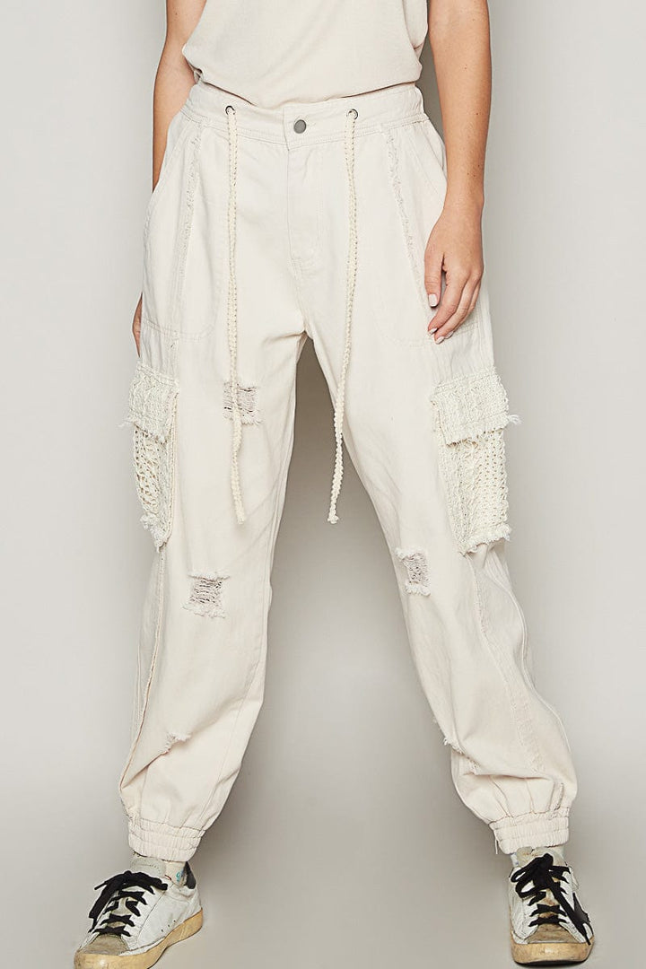 POL Denim Jogger Style Pants with Lace Pockets and Distressed Detailing