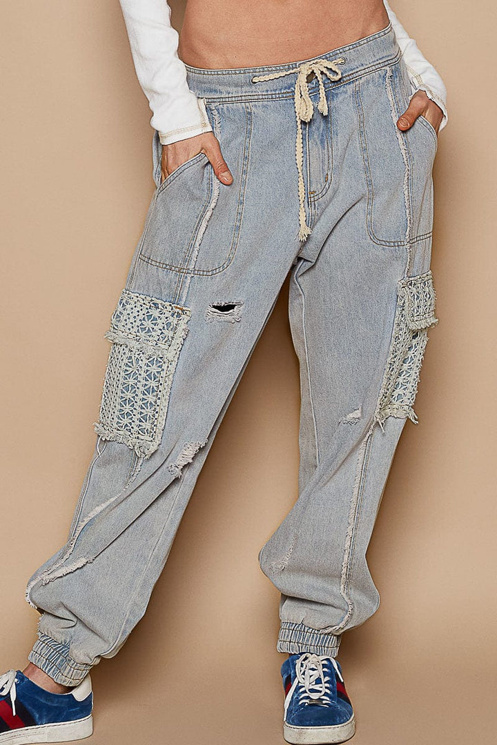 POL Denim Jogger Style Pants with Lace Pockets and Distressed Detailing