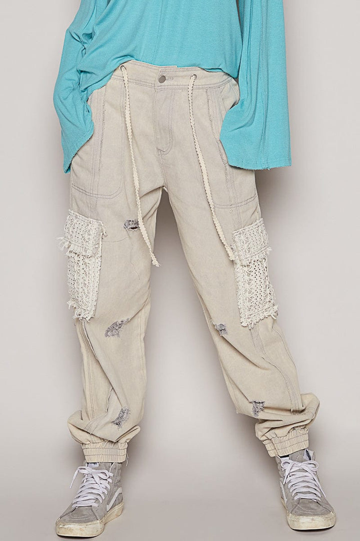 POL Denim Jogger Style Pants with Lace Pockets and Distressed Detailing