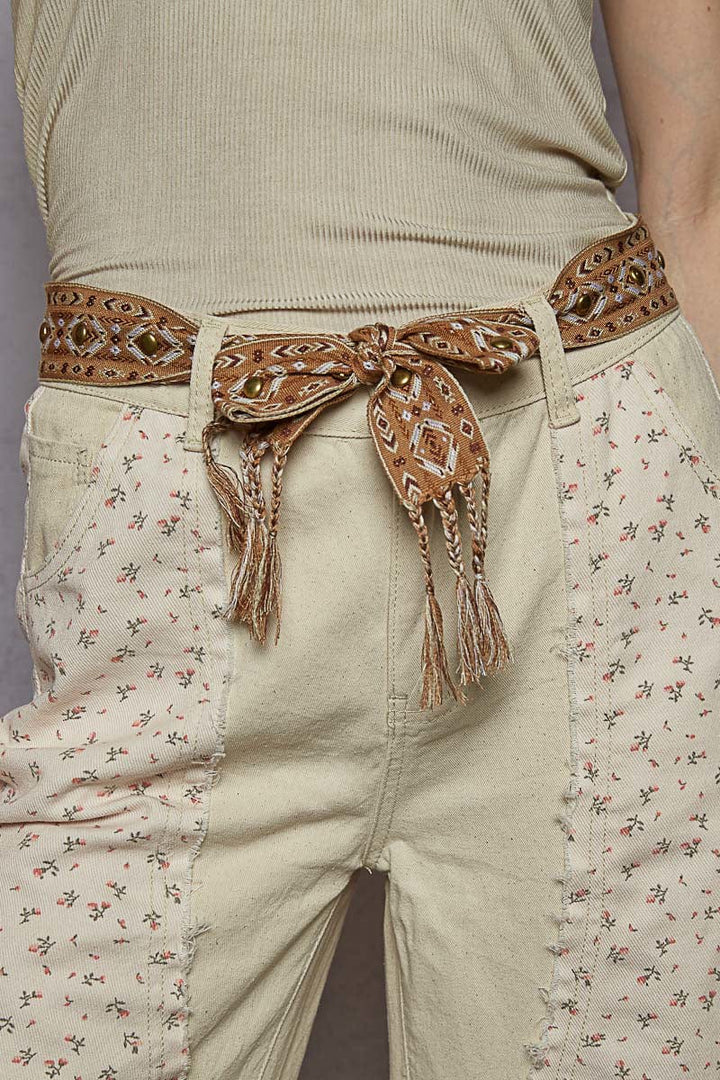 POL Detailed Tribal Pattern Fabric Tie Belt with Stud Accents and Braided Tassel Ends