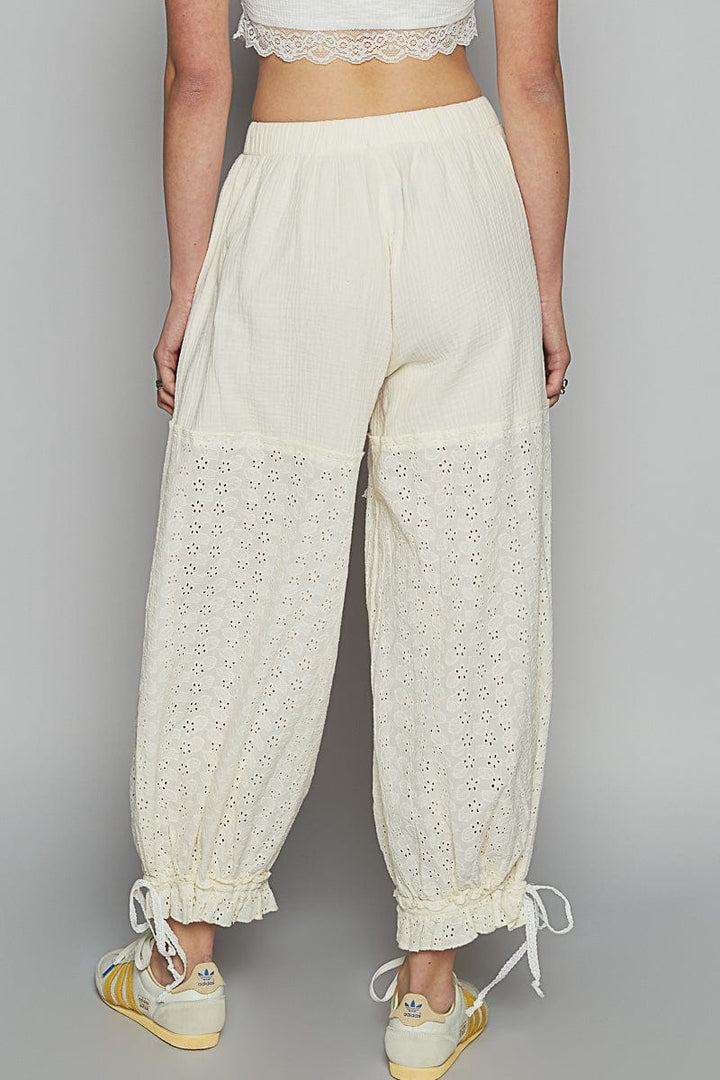 POL Double Gauze Contrast Eyelet Fabric Panel Drawstring Waist Pants