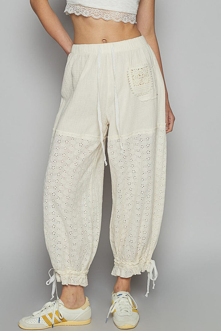 POL Double Gauze Contrast Eyelet Fabric Panel Drawstring Waist Pants