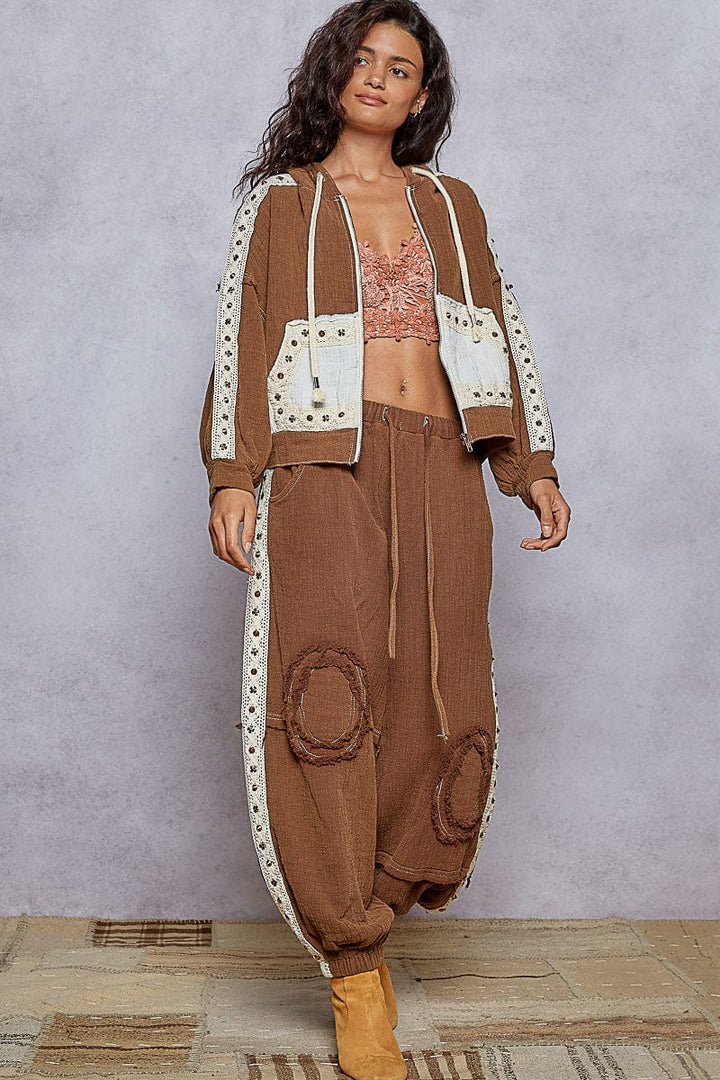POL Double Gauze Jogger Pants with Studded Lace Trim