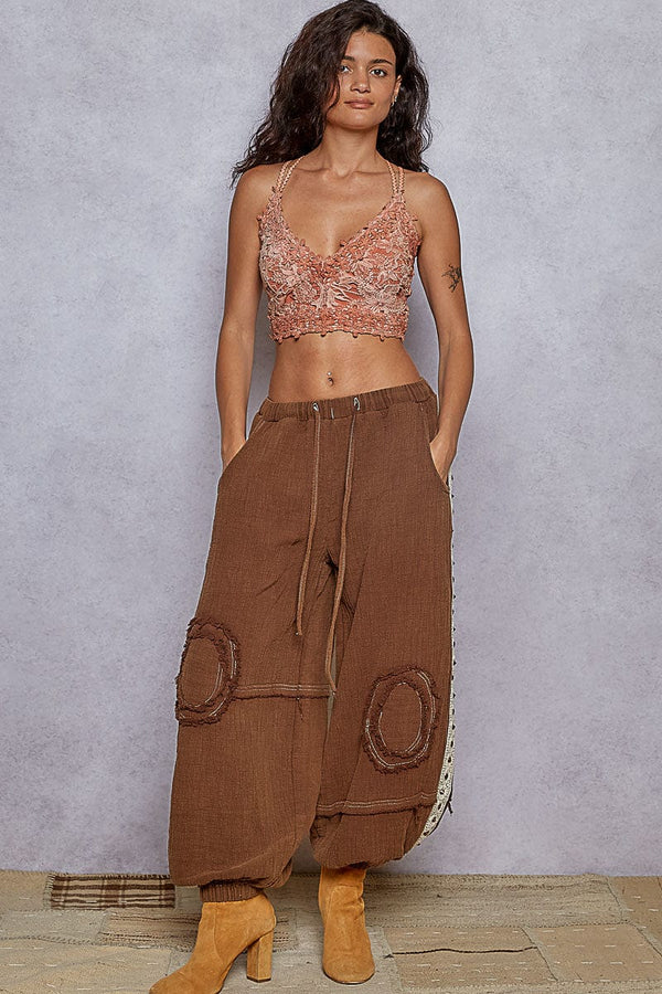 POL Double Gauze Jogger Pants with Studded Lace Trim