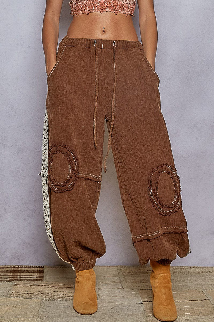 POL Double Gauze Jogger Pants with Studded Lace Trim