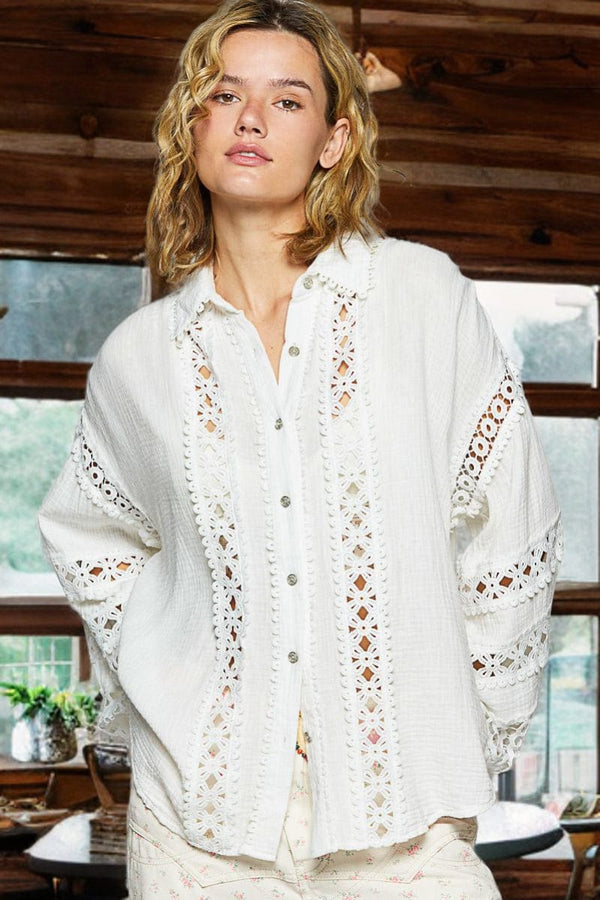 POL Double Gauze Lace Trim See-Through Patch Balloon Sleeve Button Up Shirt