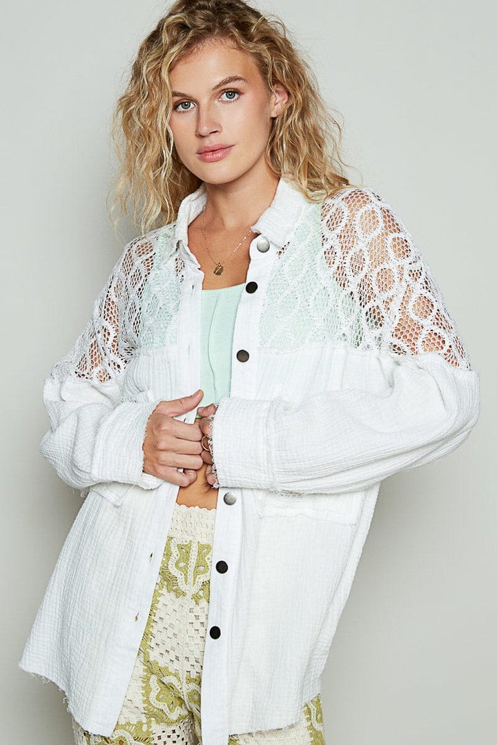 POL Double Gauze See-Through Lace Contrast Front Pocket Button Up Top