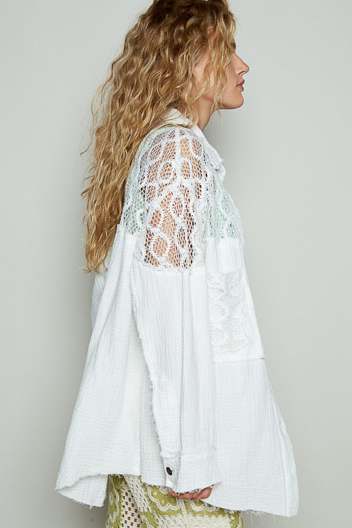 POL Double Gauze See-Through Lace Contrast Front Pocket Button Up Top