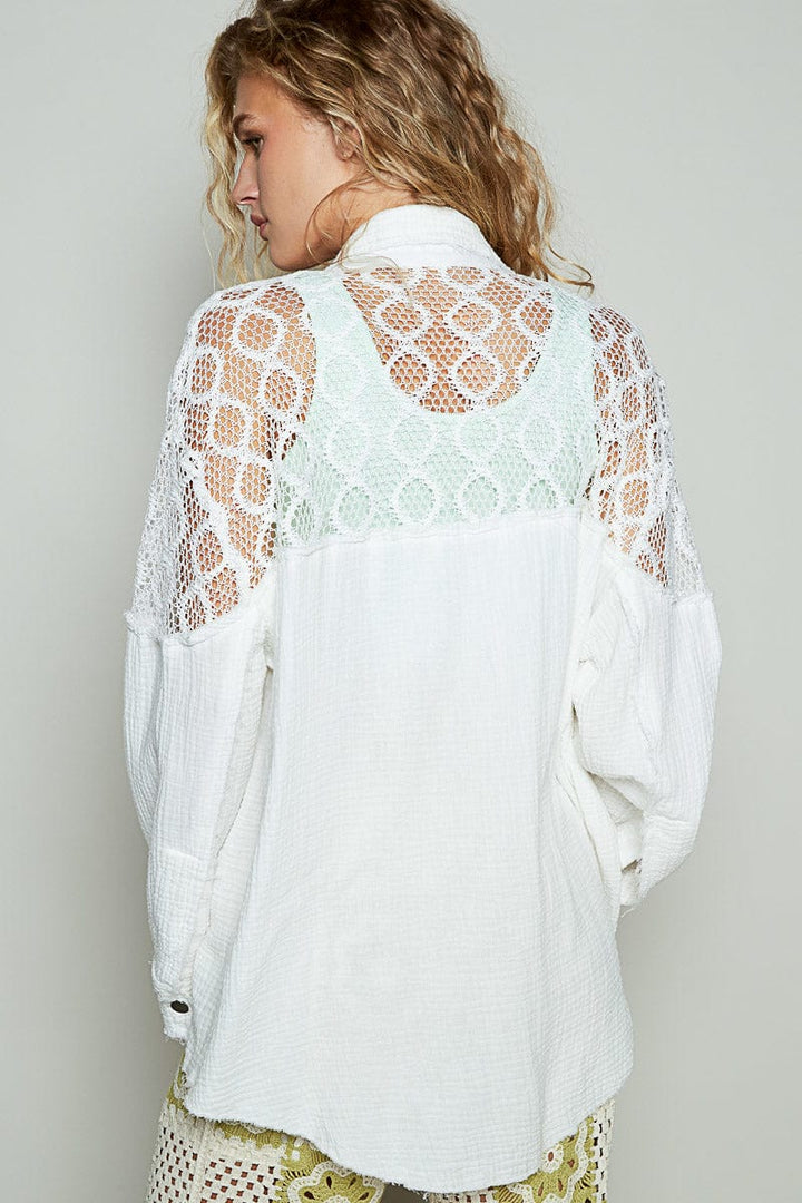 POL Double Gauze See-Through Lace Contrast Front Pocket Button Up Top