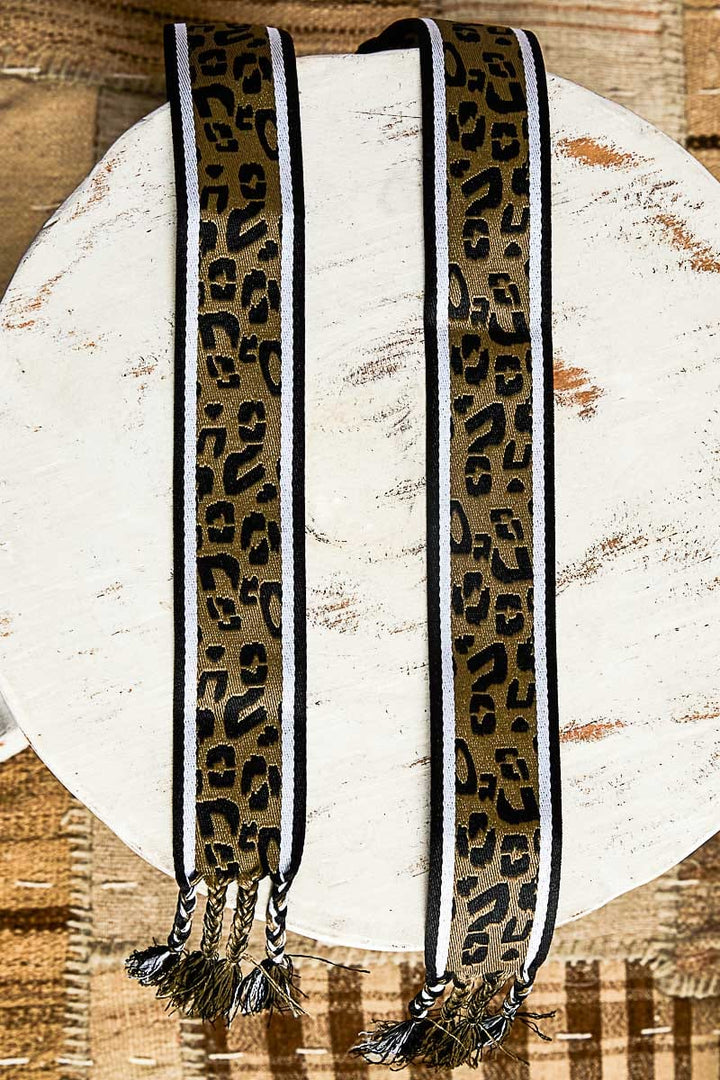 POL Double Sided Leopard Print Braided Tassel End Fabric Tie Belt