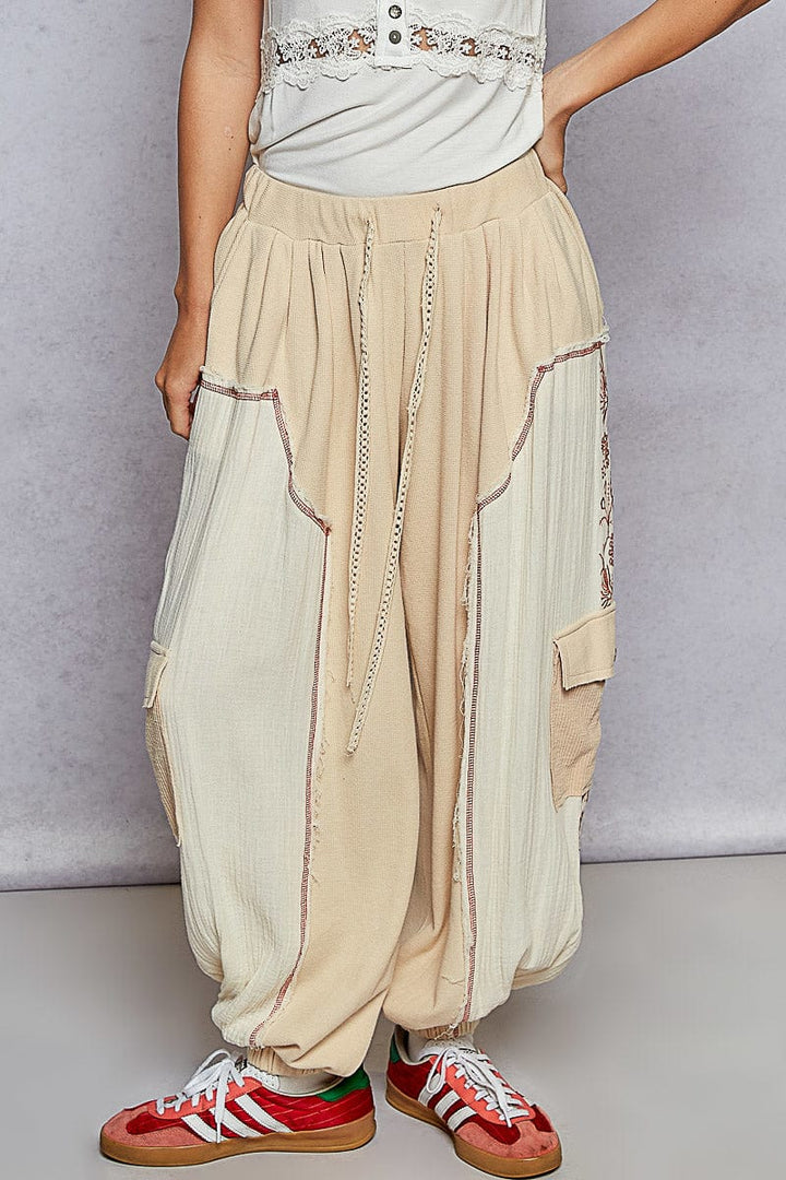 POL Drawstring Thermal and Double Gauze Mixed Fabric Lounge Pants