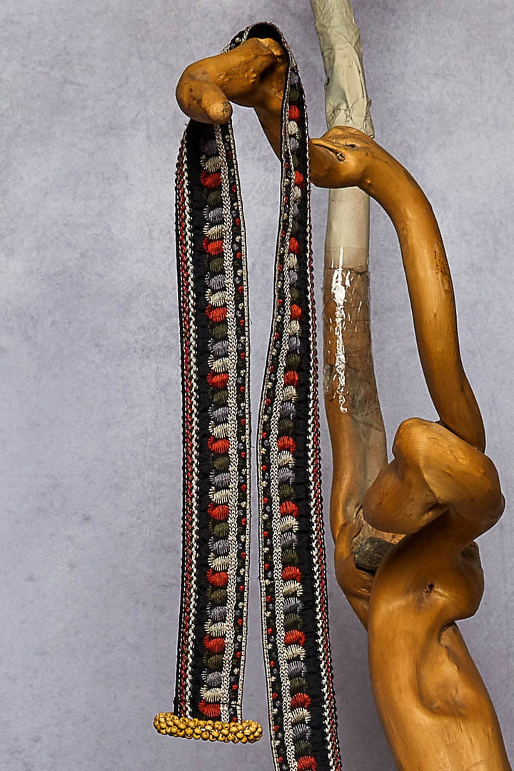 POL Embroidery Detailed Fabric Belt with Large Bead Wrapped Belt Buckle