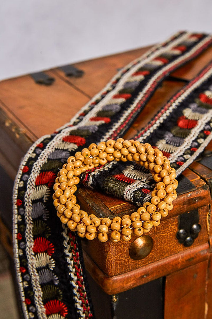 POL Embroidery Detailed Fabric Belt with Large Bead Wrapped Belt Buckle