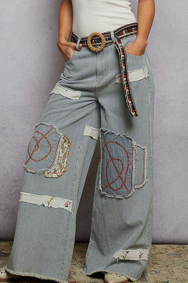 POL Embroidery Detailed Fabric Belt with Large Bead Wrapped Belt Buckle