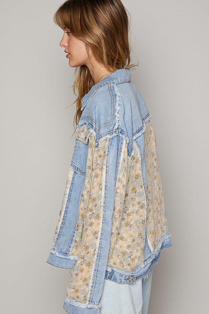 POL Floral Print Patch Regular Fit Denim Jacket with Raw Edge Detailing