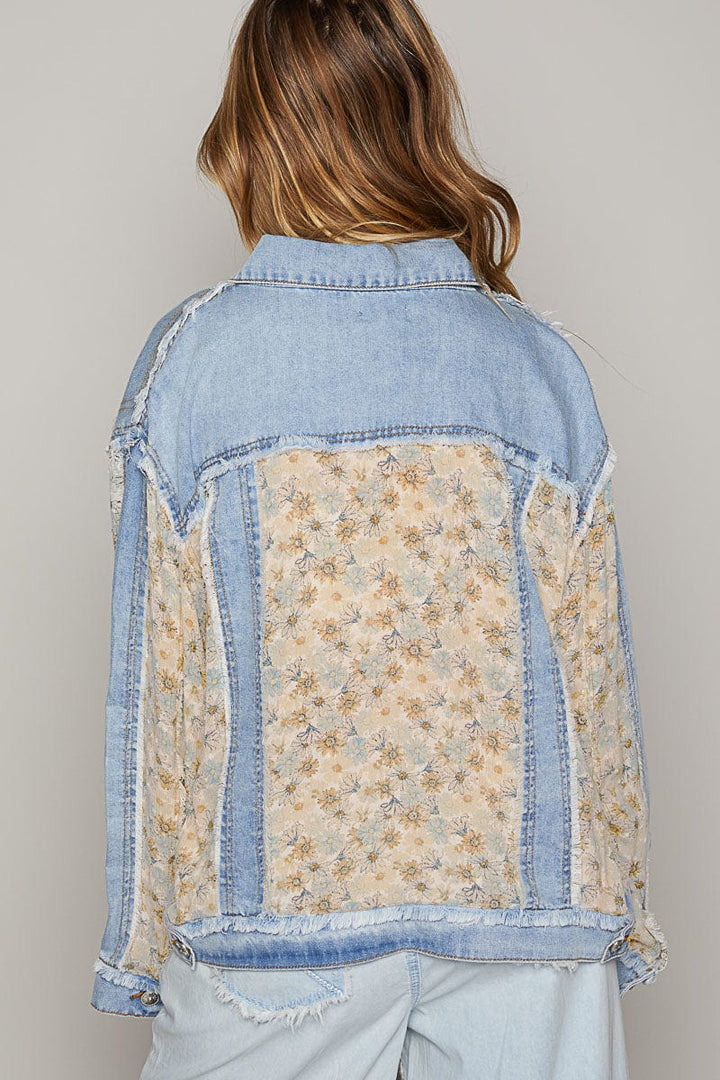 POL Floral Print Patch Regular Fit Denim Jacket with Raw Edge Detailing