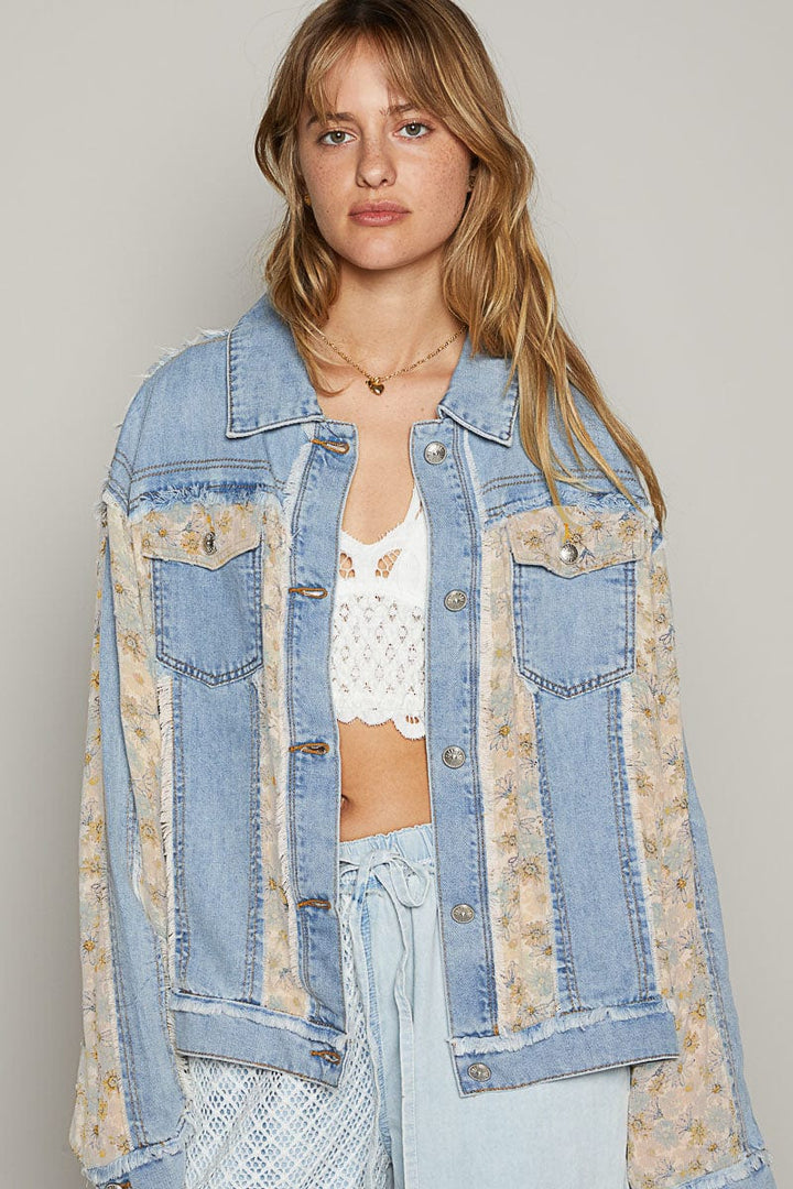 POL Floral Print Patch Regular Fit Denim Jacket with Raw Edge Detailing