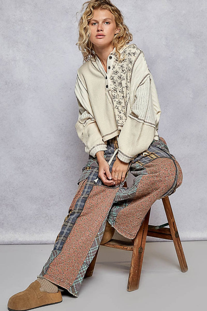 POL Henley Button Placket Semi Cropped Fit Thermal Cut and Sew Mix Overlock Stitch Top