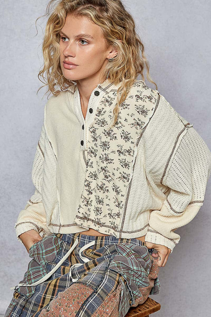 POL Henley Button Placket Semi Cropped Fit Thermal Cut and Sew Mix Overlock Stitch Top