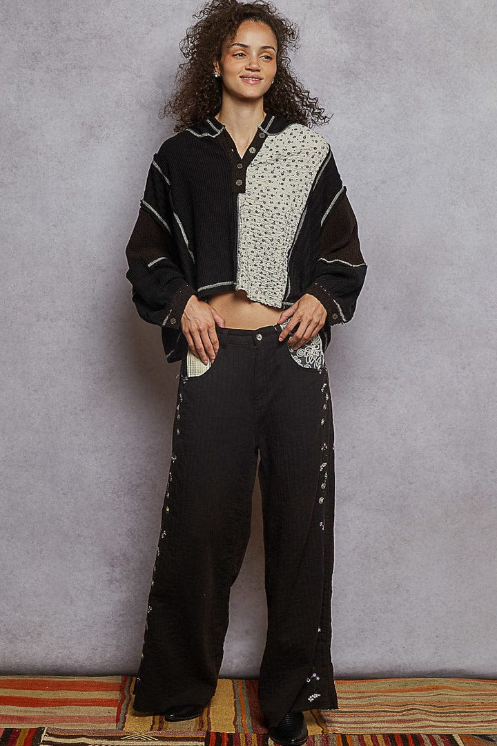 POL Henley Button Placket Semi Cropped Fit Thermal Cut and Sew Mix Overlock Stitch Top