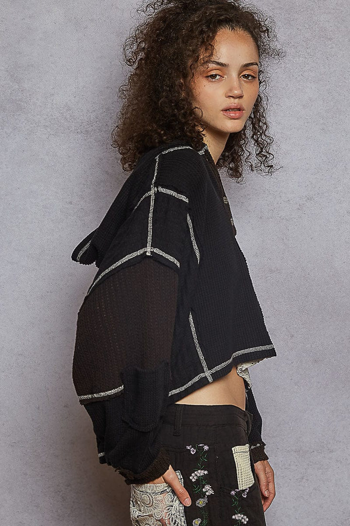 POL Henley Button Placket Semi Cropped Fit Thermal Cut and Sew Mix Overlock Stitch Top