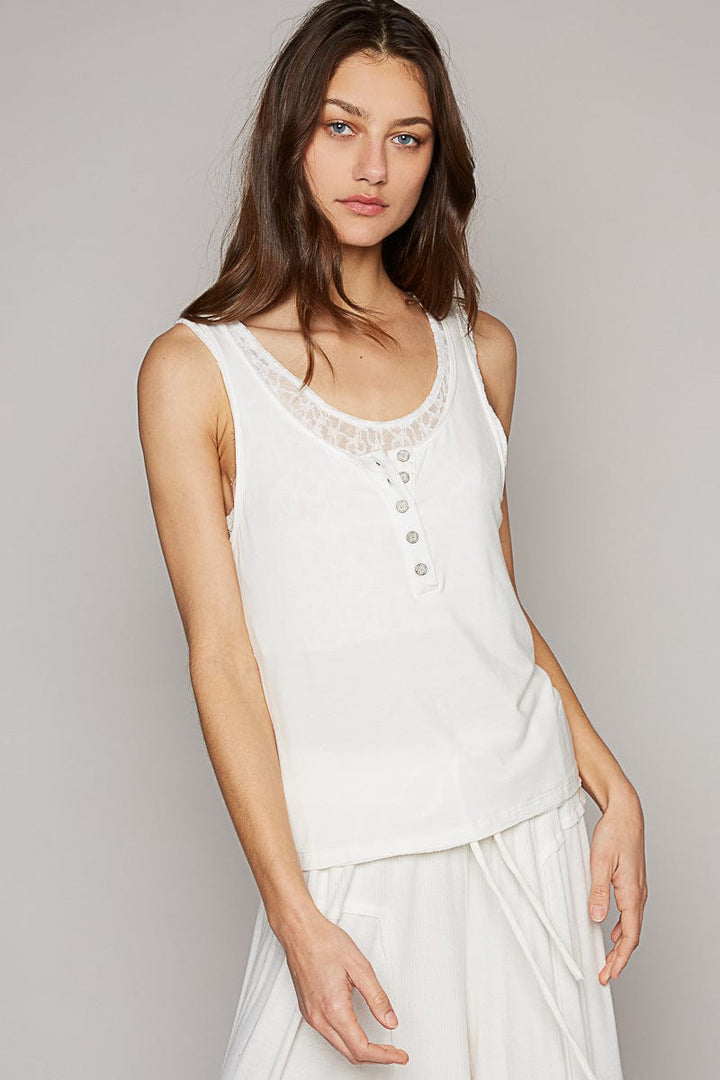 POL Jersey Henley Tank Top with Inner Lace Layer Detailing